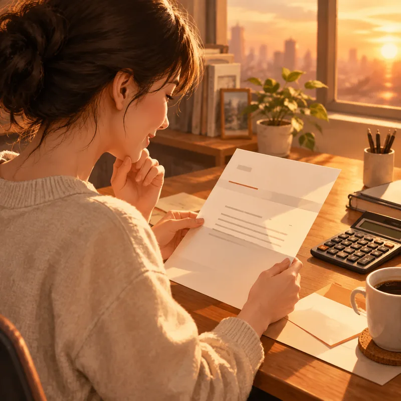Warm editorial illustration of a person at a wooden desk reading a pay raise letter in soft sunset light, with a calculator and coffee cup beside them
